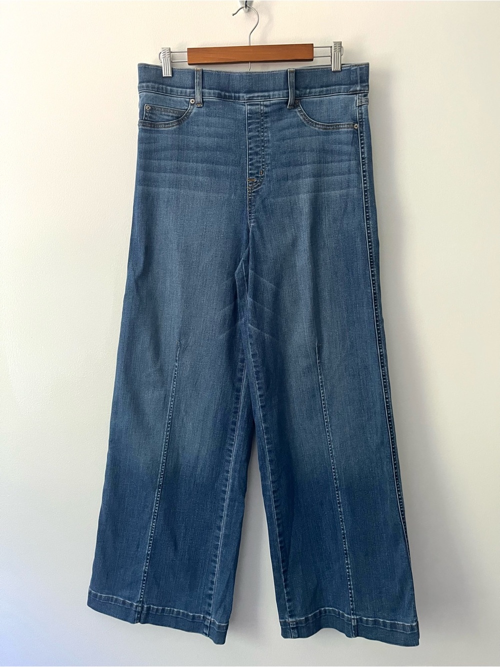 Spanx Seamed Front Wide Leg Jeans Vintage Indigo Blue Pull On Slimming XL